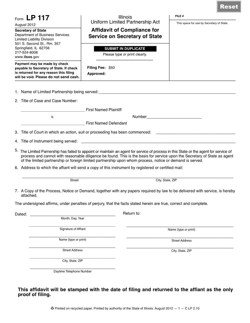 Affidavit Of Compliance For Service On Secretary Of State {LP 117} | Pdf Fpdf Doc Docx | Illinois