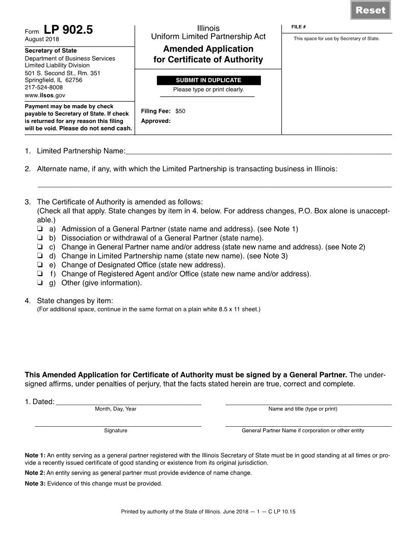 Amended Application For Certificate Of Authority {LP 902.5} | Pdf Fpdf Docx | Illinois