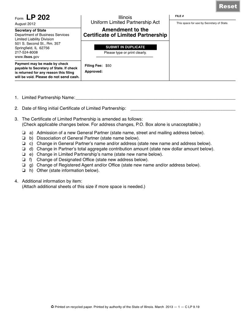 Amendment To The Certificate Of Limited Partnership {LP 202} | Pdf Fpdf Doc Docx | Illinois