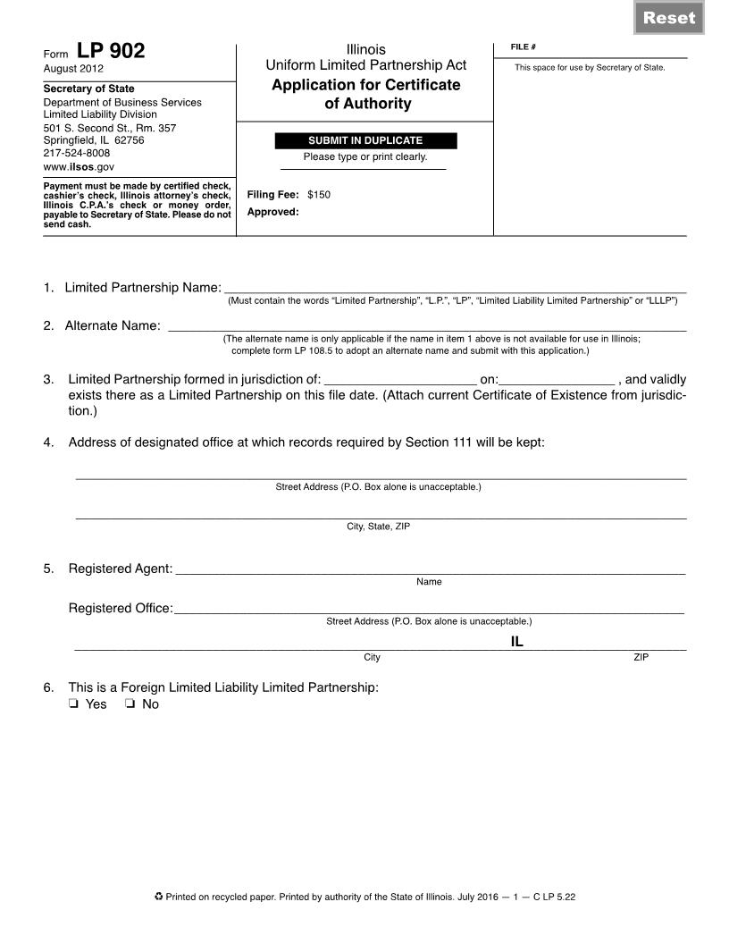Application For Certificate Of Authority {LP 902} | Pdf Fpdf Doc Docx | Illinois