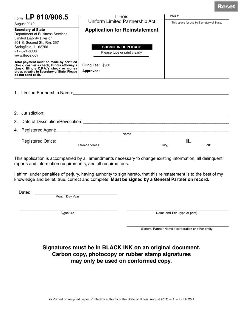 Application For Reinstatement {LP 810-906.5} | Pdf Fpdf Doc Docx | Illinois