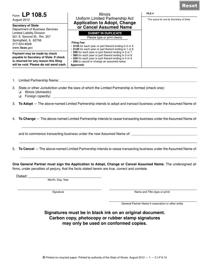 Application To Adopt Change Or Cancel Assumed Name {LP 108.5} | Pdf Fpdf Doc Docx | Illinois