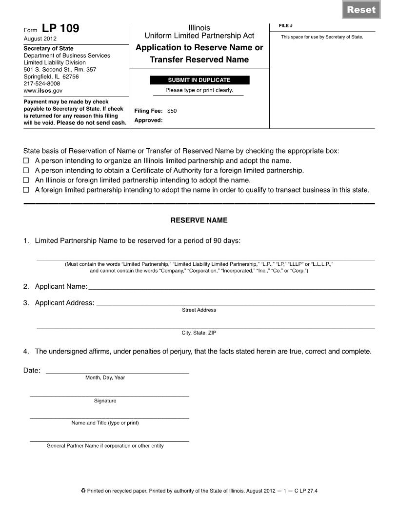Application To Reserve Name Or Transfer Reserved Name {LP 109} | Pdf Fpdf Doc Docx | Illinois