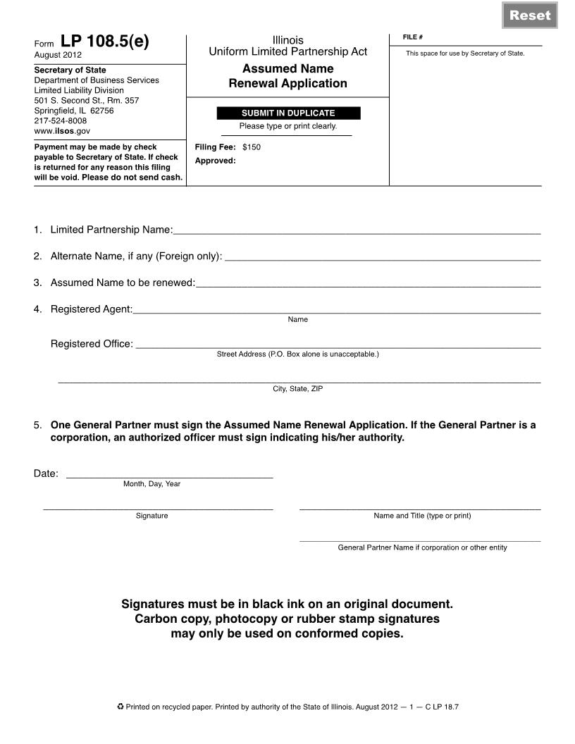Assumed Name Renewal Application {LP 108.5(e)} | Pdf Fpdf Doc Docx | Illinois