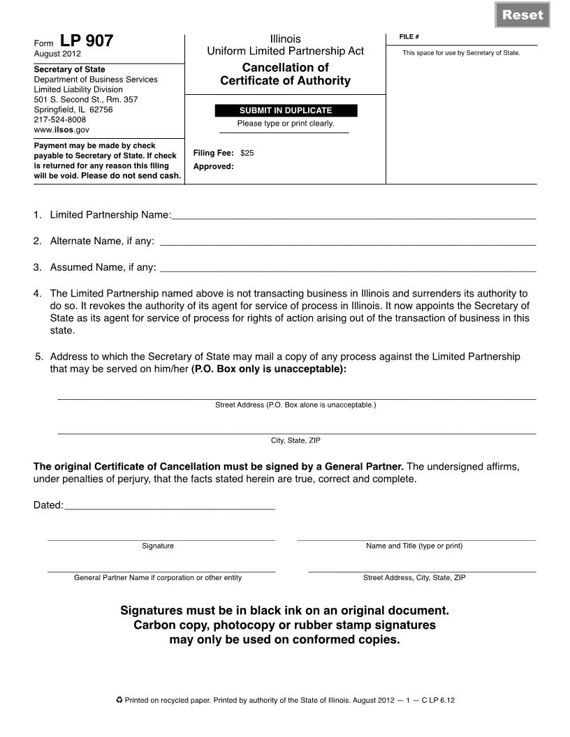 Cancellation Of Certificate Of Authority {LP 907} | Pdf Fpdf Doc Docx | Illinois