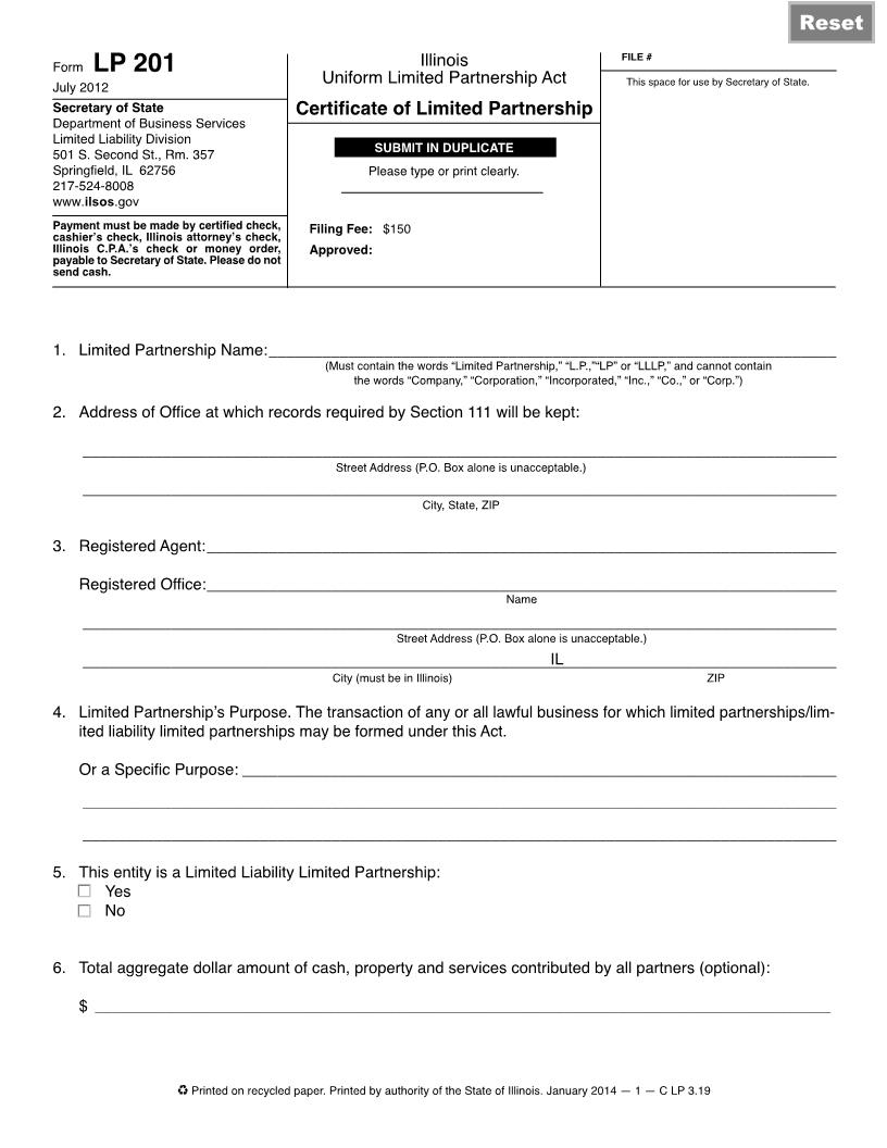 Certificate Of Limited Partnership {LP 201} | Pdf Fpdf Doc Docx | Illinois