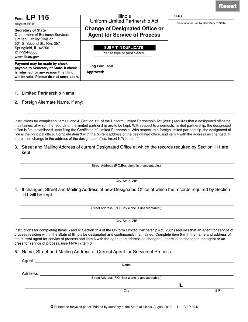Change Of Designated Office Or Agent For Service Of Process {LP 115} | Pdf Fpdf Doc Docx | Illinois