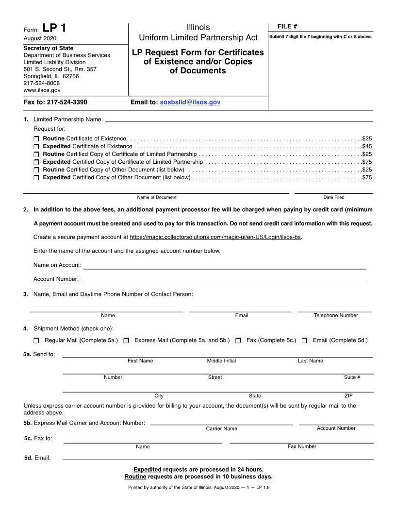 LP Request Form For Certificates Of Existence Copies Of Documents {LP 1} | Pdf Fpdf Docx | Illinois