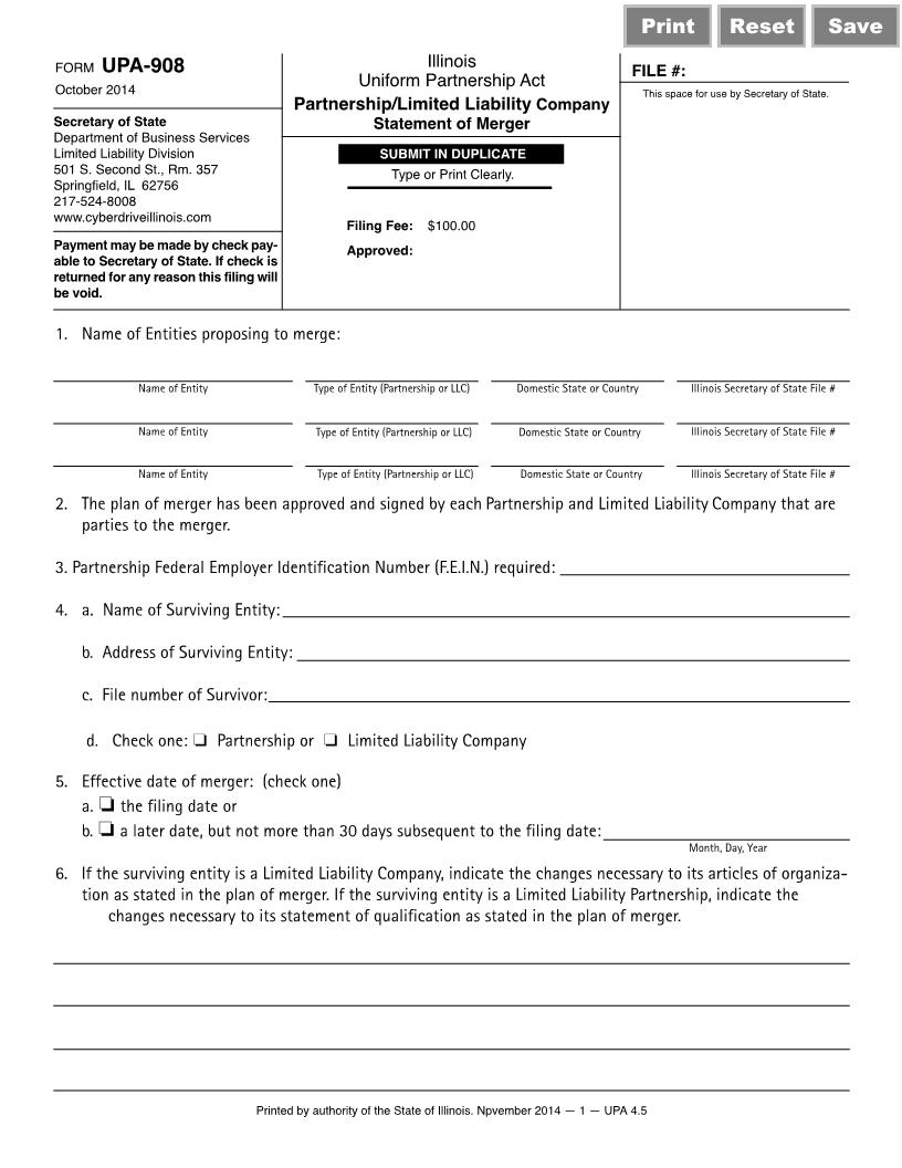 Partnership-LLC Statement Of Merger {UPA-908} | Pdf Fpdf Docx | Illinois