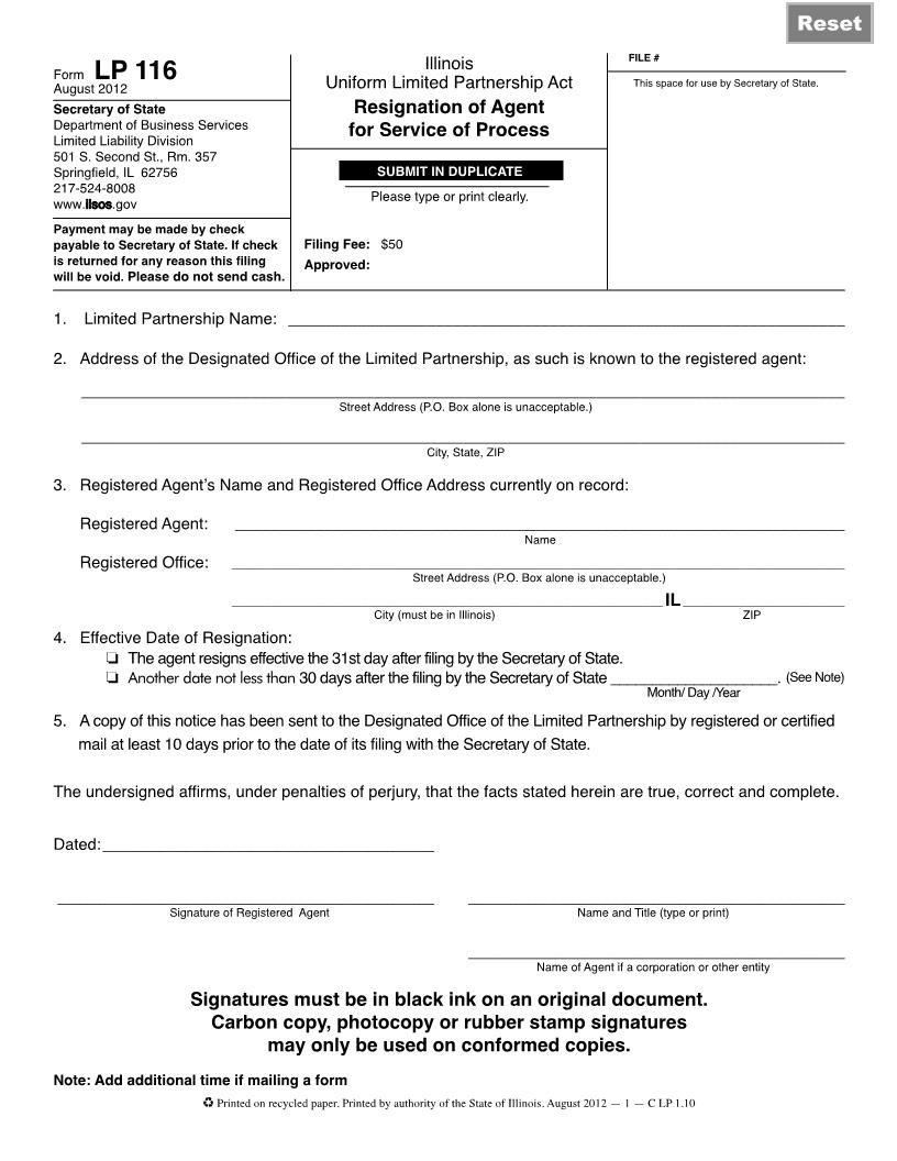 Resignation Of Agent For Service Of Process {LP 116} | Pdf Fpdf Doc Docx | Illinois