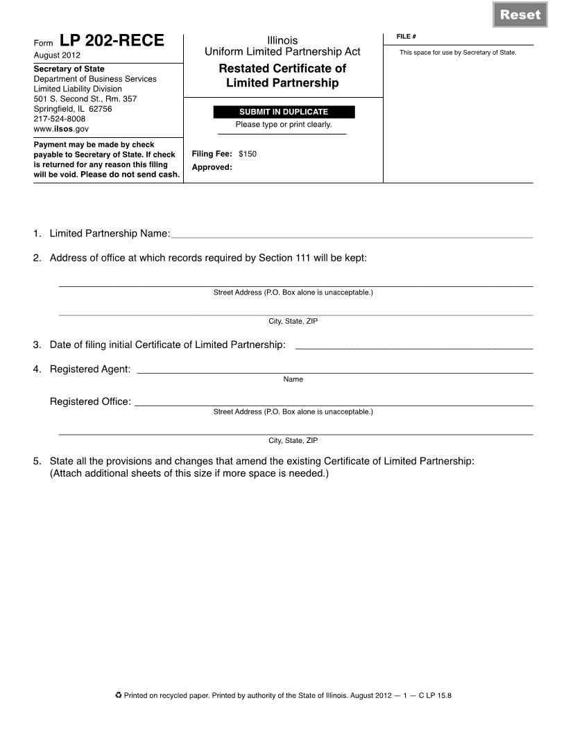 Restated Certificate Of Limited Partnership {LP 202-RECE} | Pdf Fpdf Doc Docx | Illinois