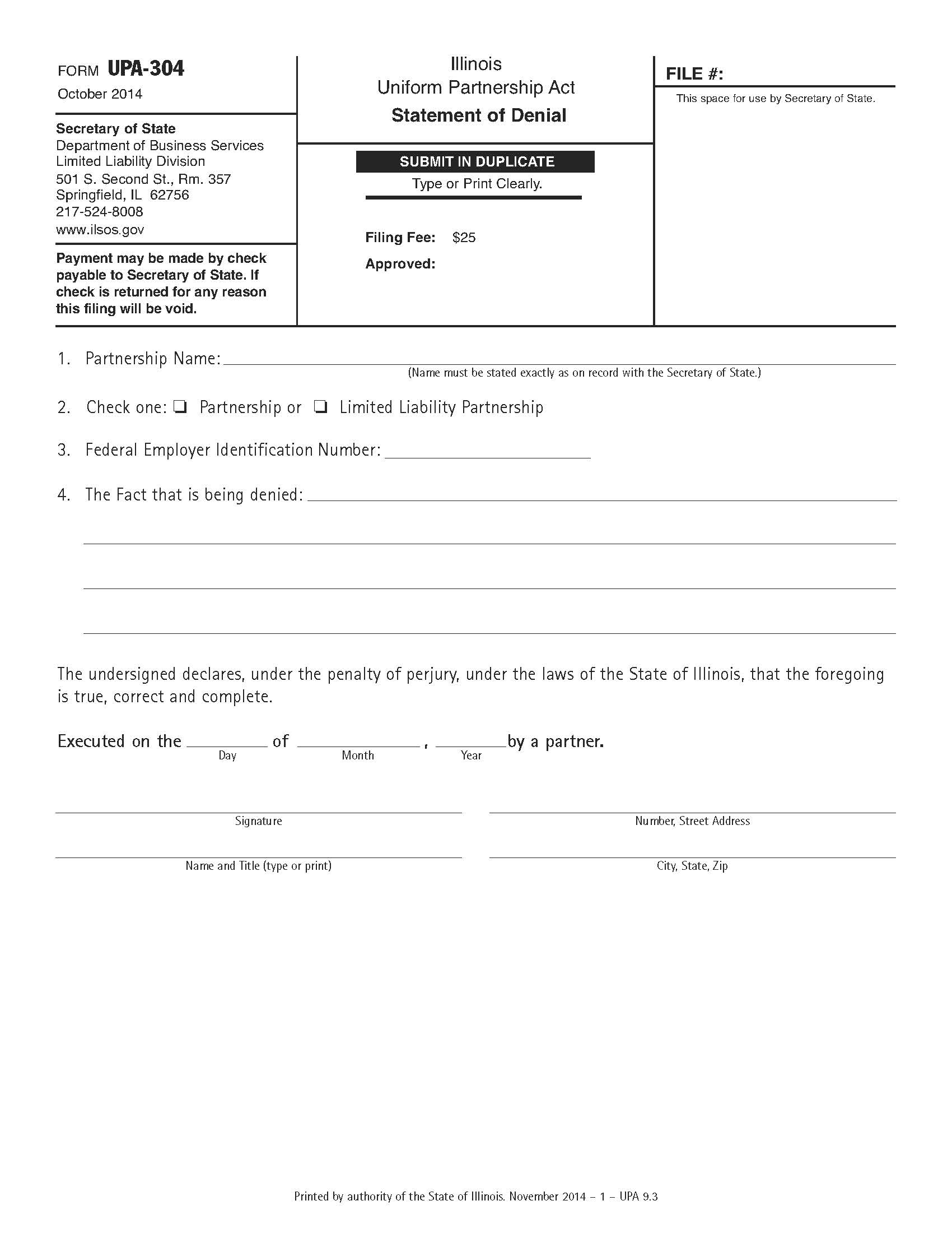 Statement Of Denial {UPA-304} | Pdf Fpdf Doc Docx | Illinois