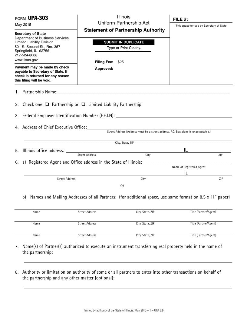 Statement Of Partnership Authority {UPA-303} | Pdf Fpdf Doc Docx | Illinois