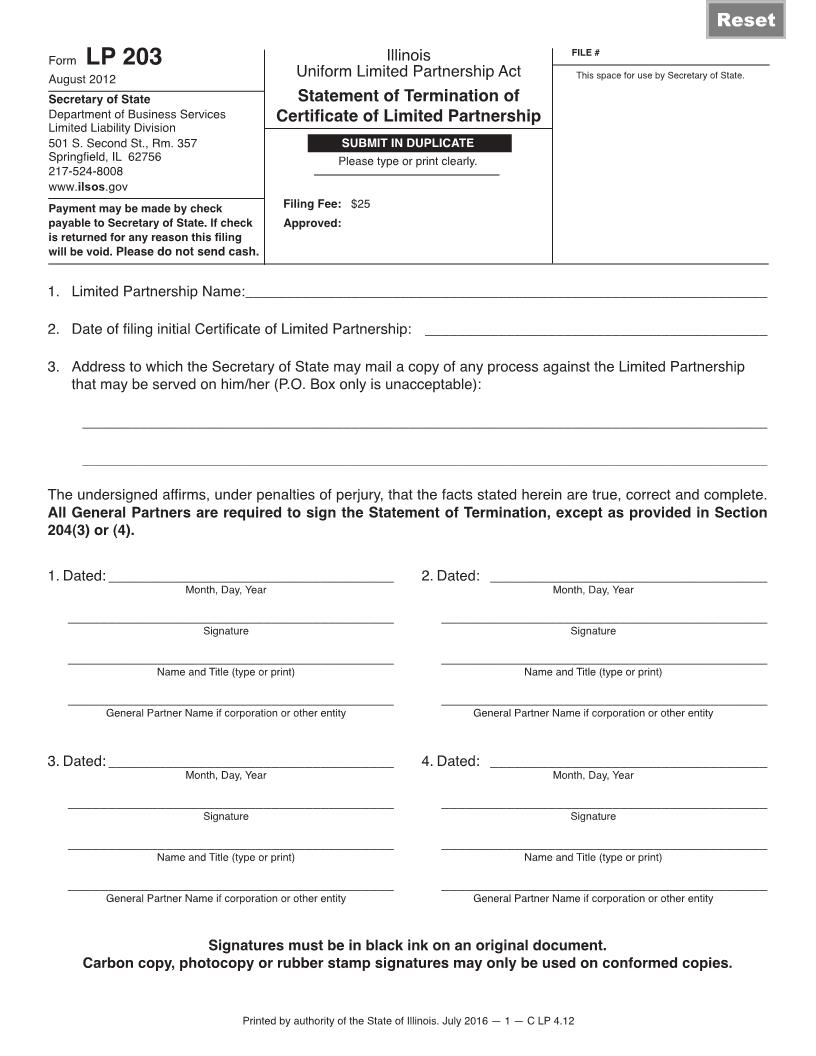 Statement Of Termination Of The Certificate Of Limited Partnership {LP 203} | Pdf Fpdf Doc Docx | Illinois