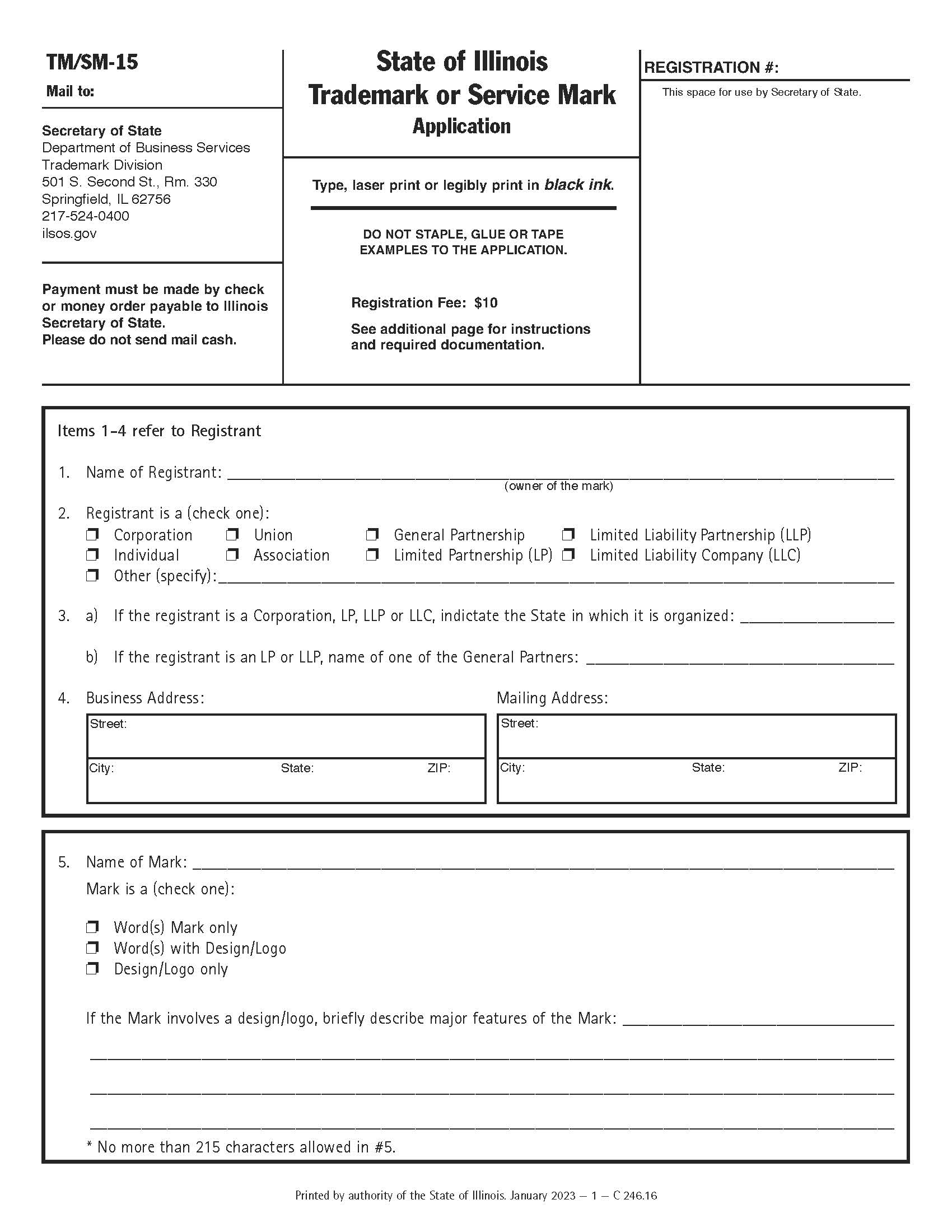 Trademark Or Servicemark Application {TM-SM-15} | Pdf Fpdf Docx | Illinois