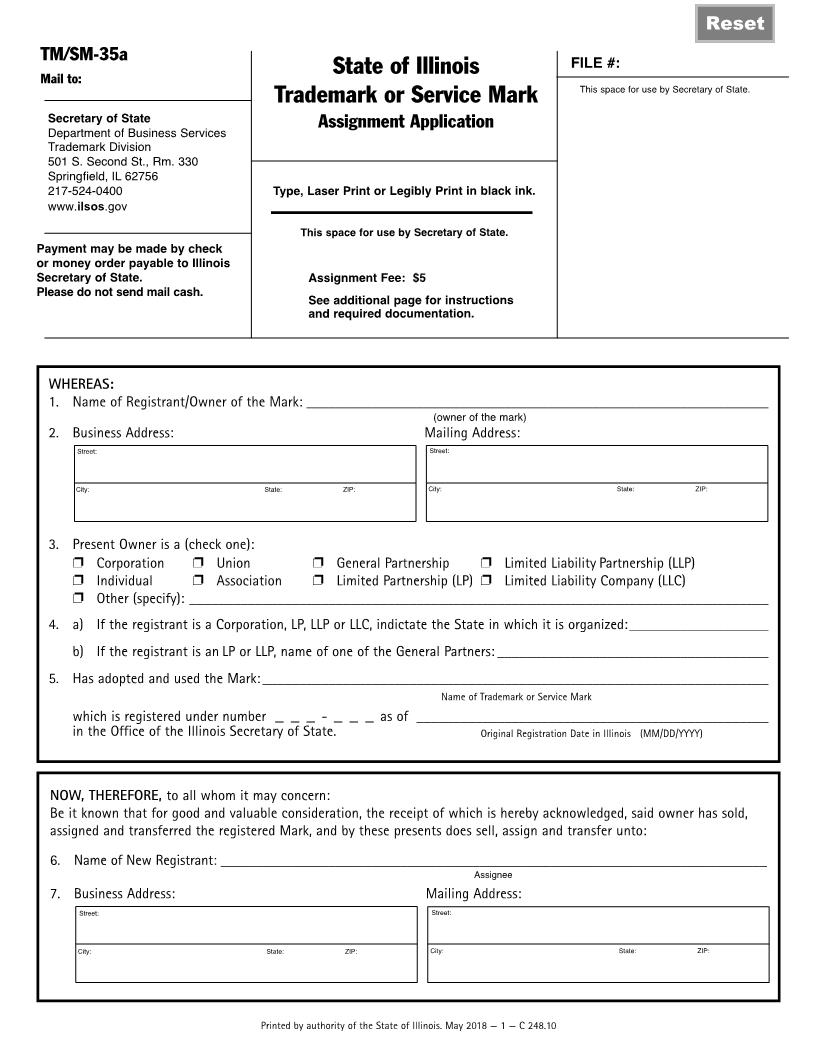 Trademark Or Servicemark Assignment Application {TM-SM-35a} | Pdf Fpdf Docx | Illinois