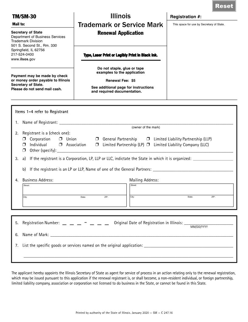 Trademark Or Servicemark Renewal Application {TM-SM-30} | Pdf Fpdf Docx | Illinois