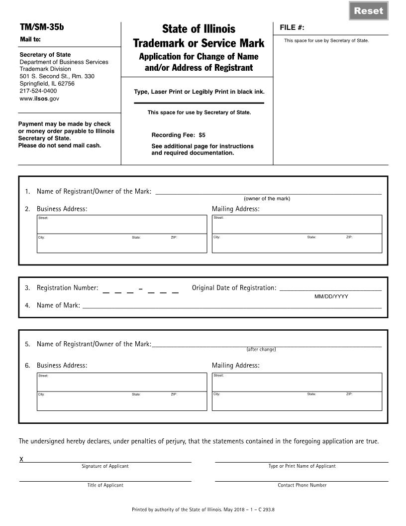 Trademark Servicemark Application For Change Of Name Address {TM-SM-35b} | Pdf Fpdf Docx | Illinois