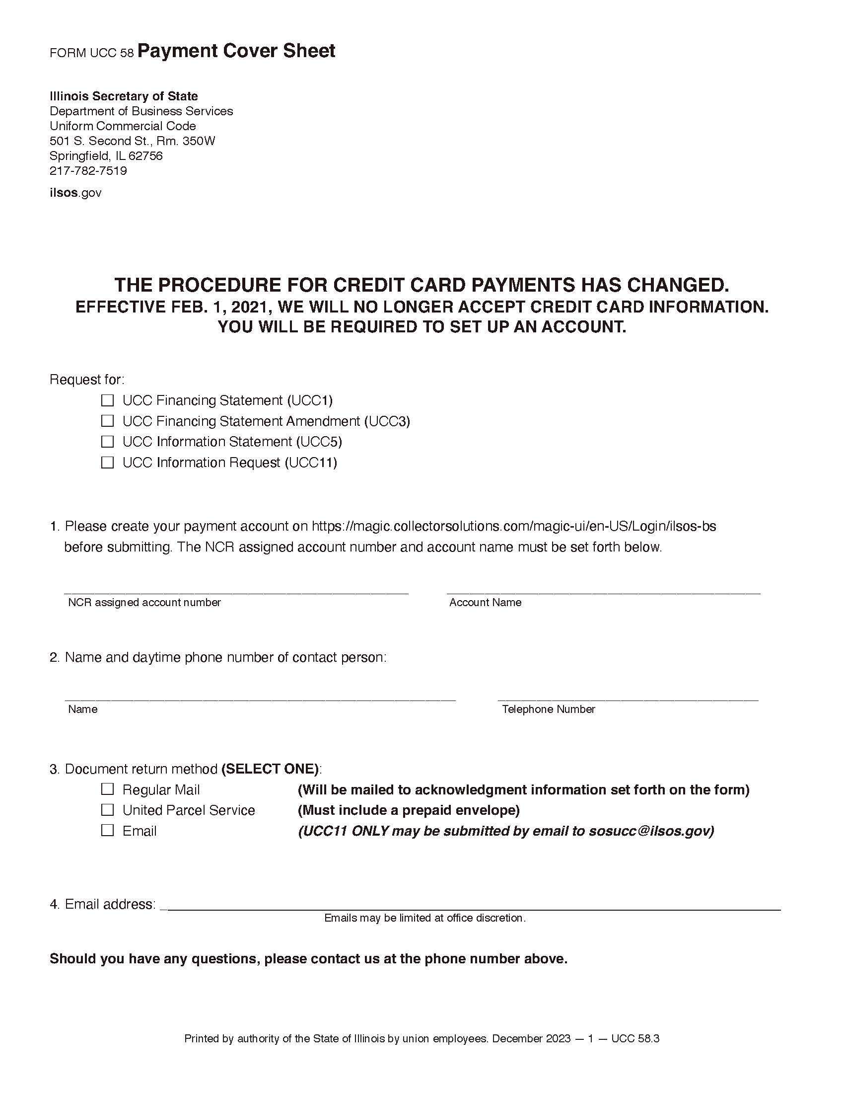 Payment Cover Sheet {UCC 58} | Pdf Fpdf Docx | Illinois