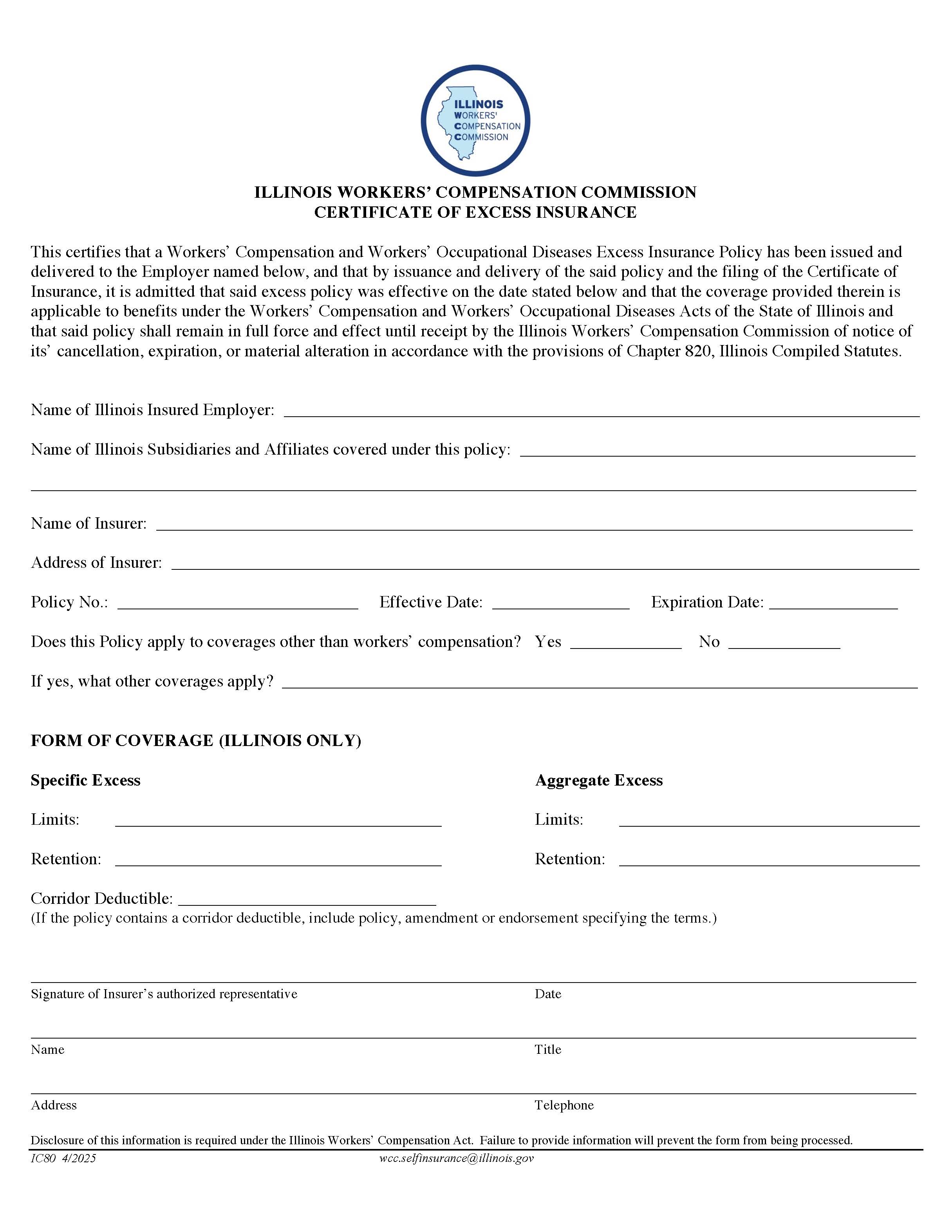 Certificate Of Excess Insurance {IC80} | Pdf Fpdf Doc Docx | Illinois