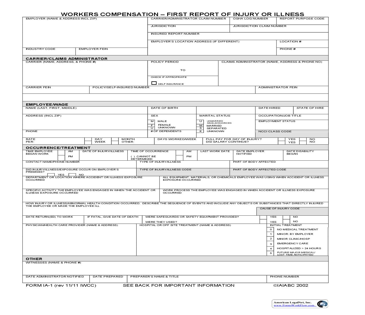 First Report of Injury Or Illness {IA-1} | Pdf Fpdf Doc Docx | Illinois