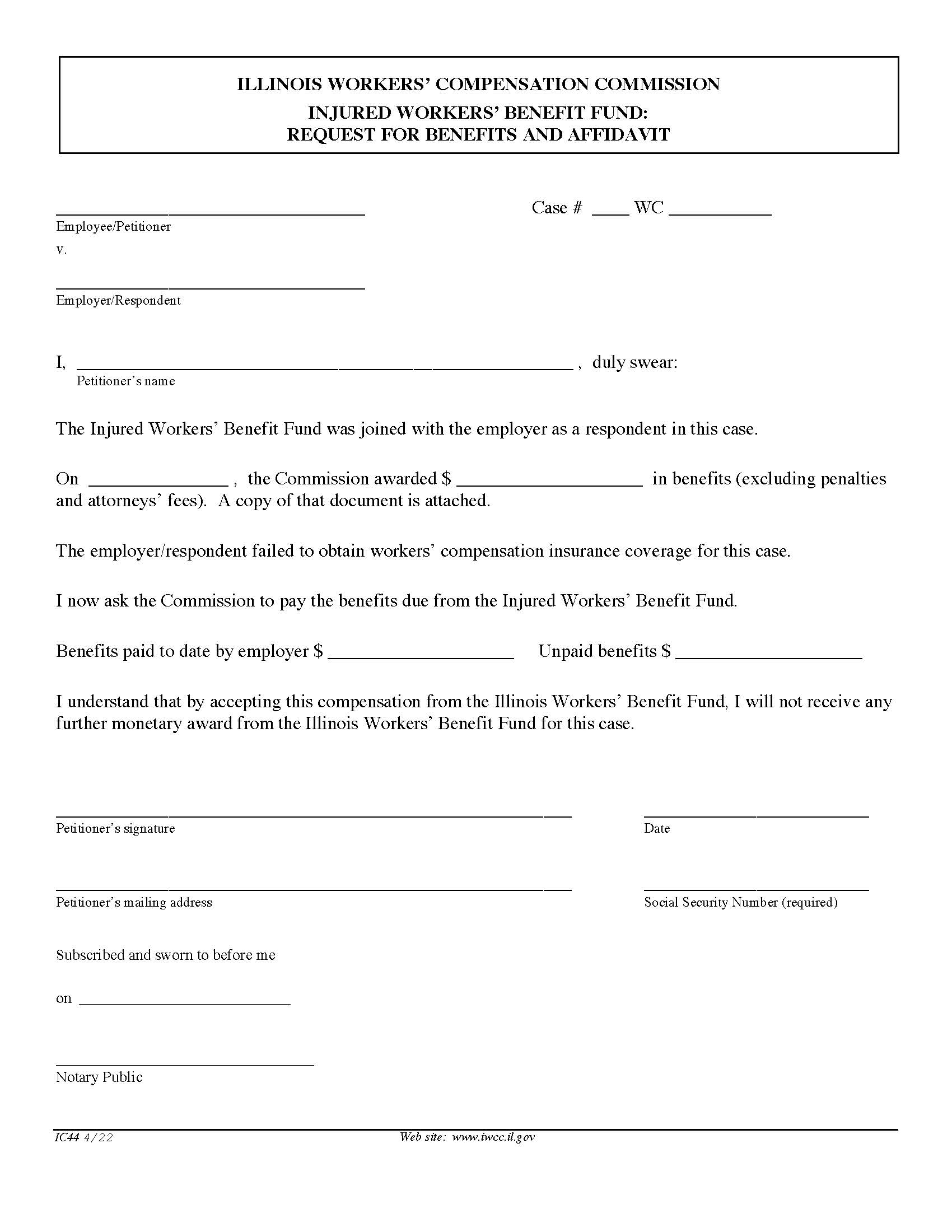 Injured Workers Benefit Fund - Request For Benefits And Affidavit {IC44} | Pdf Fpdf Doc Docx | Illinois