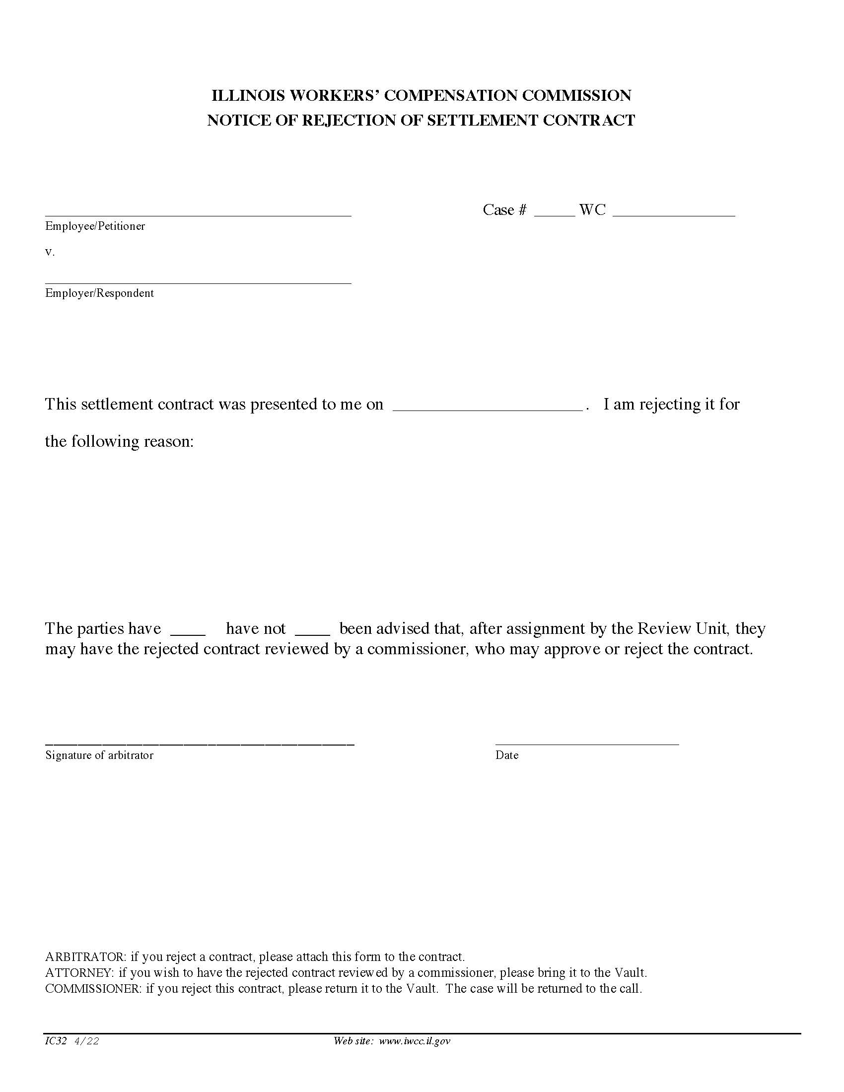 Notice Of Rejection Of Settlement Contract {IC32} | Pdf Fpdf Doc Docx | Illinois