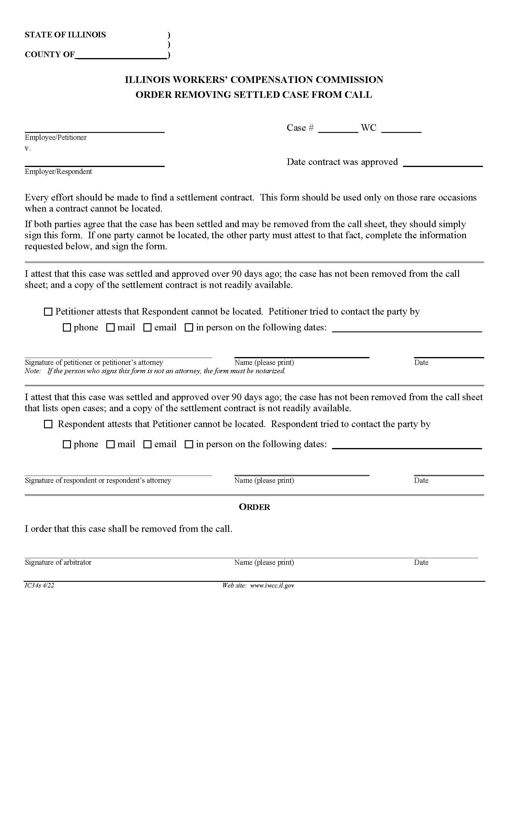 Order Removing Settled Case From Call {IC34s} | Pdf Fpdf Doc Docx | Illinois