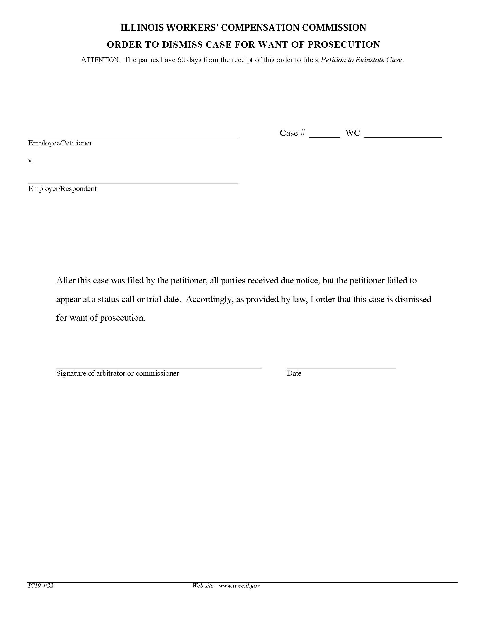Order To Dismiss Case For Want Prosecution {IC19} | Pdf Fpdf Doc Docx | Illinois