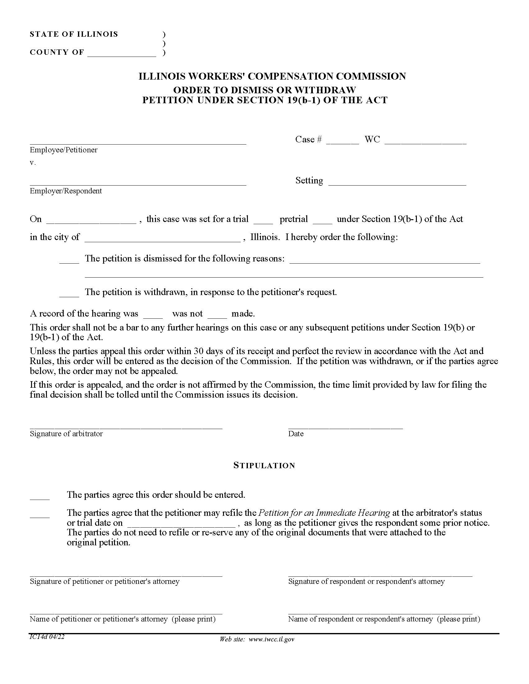 Order To Dismiss Or Withdraw Petition Under Section 19b-1 Of The Act {IC14d} | Pdf Fpdf Doc Docx | Illinois
