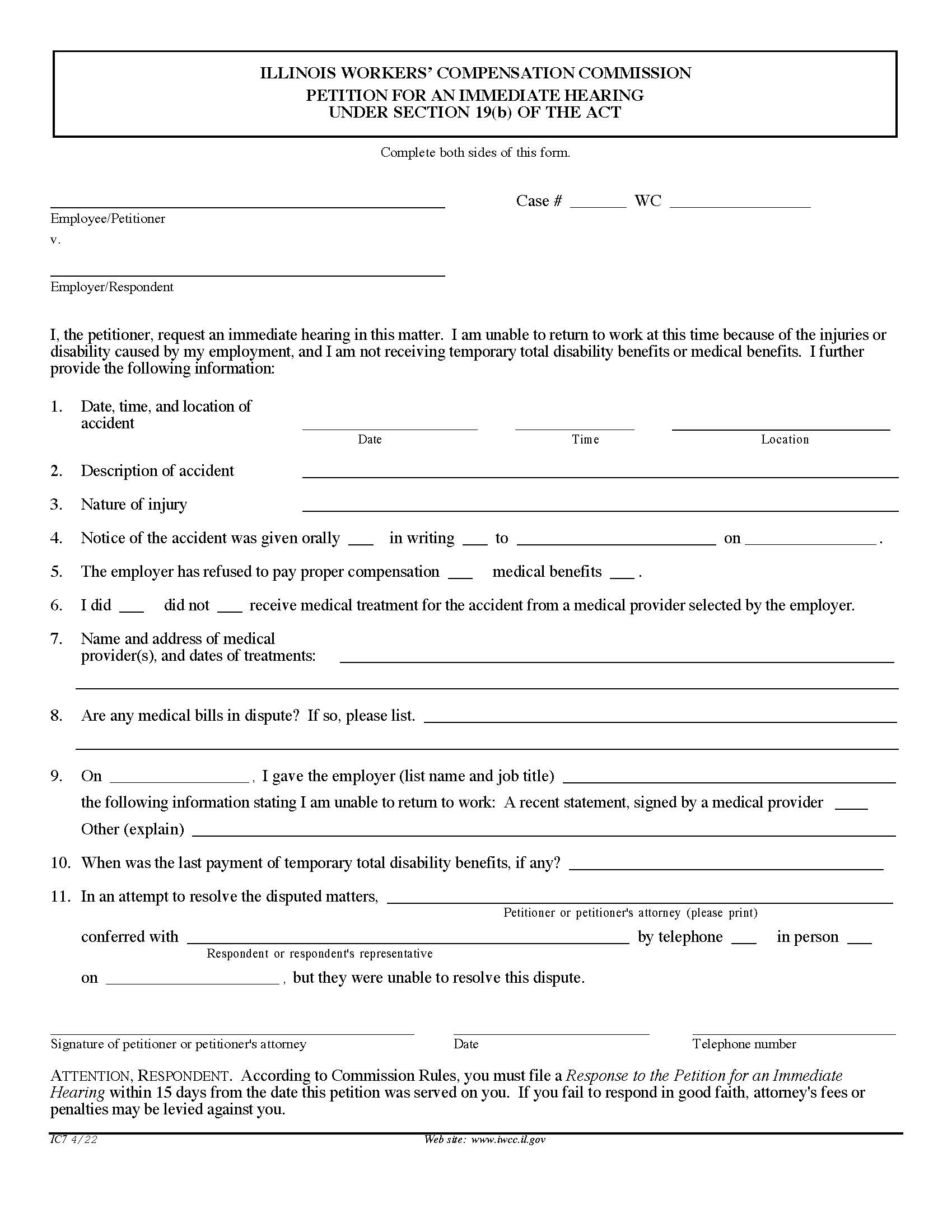 Petition For An Immediate Hearing Under Section 19b Of The Act {IC7} | Pdf Fpdf Doc Docx | Illinois