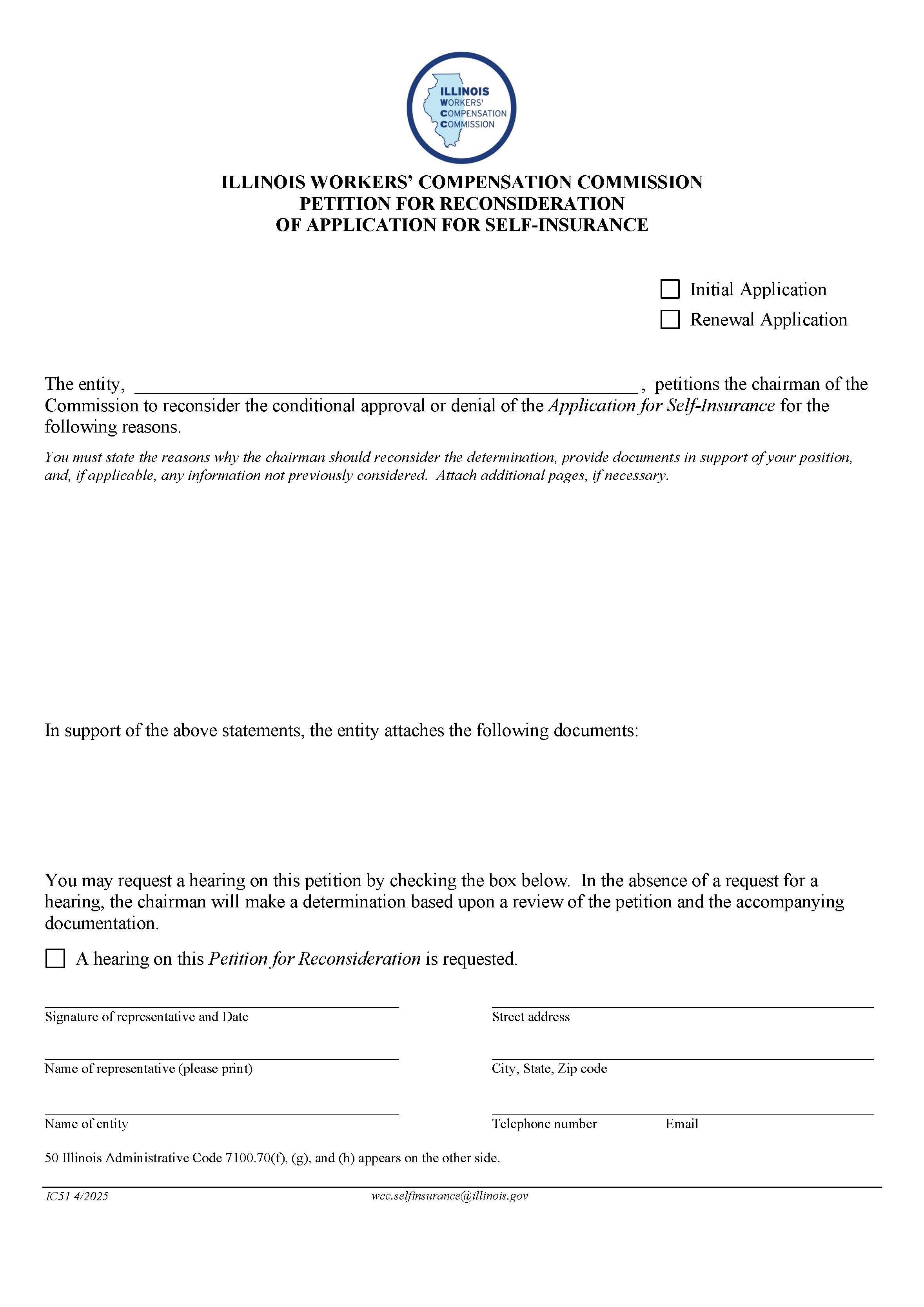 Petition For Reconsideration Of Application For Self-Insurance {IC51} | Pdf Fpdf Doc Docx | Illinois
