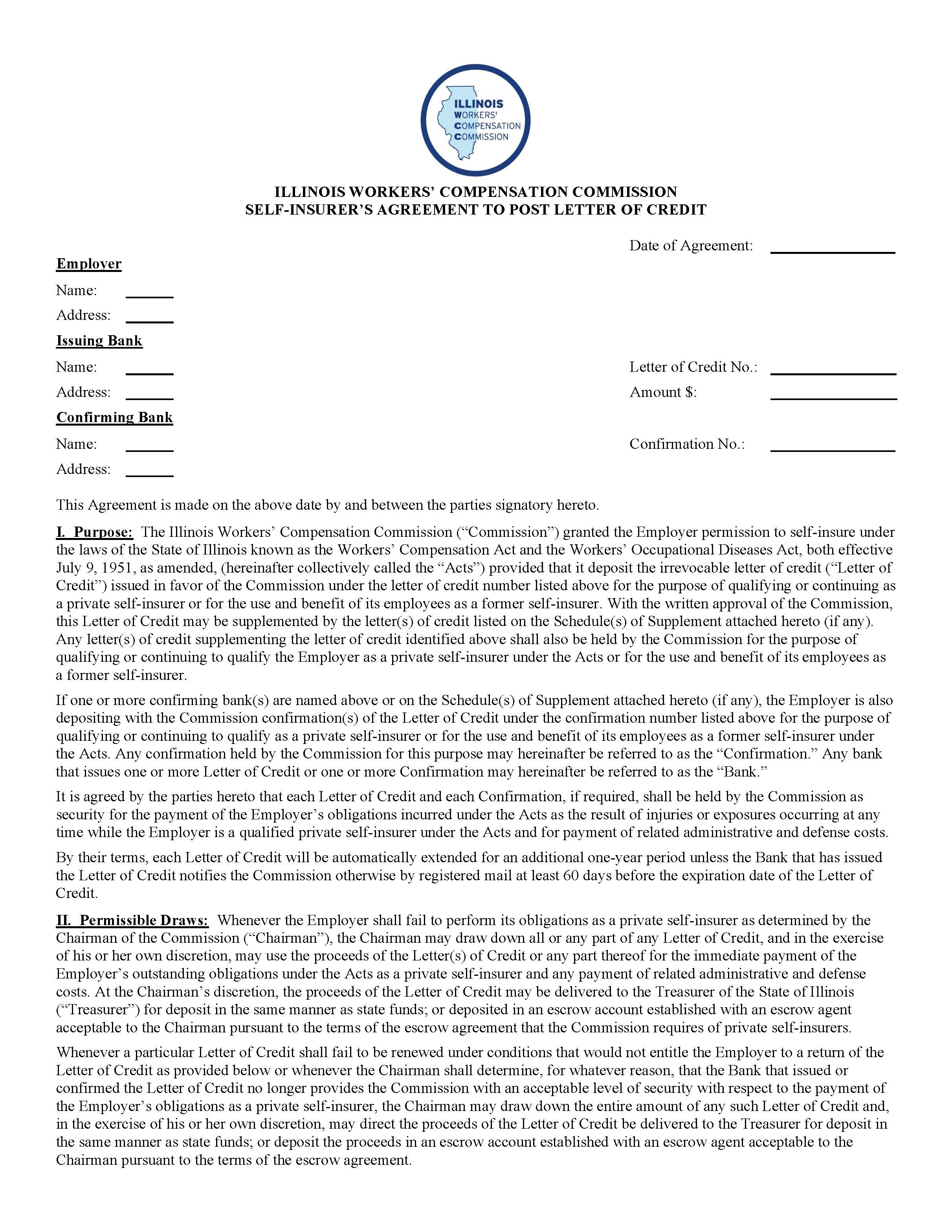 Self-Insurers Agreement To Post Letter Of Credit {IC72} | Pdf Fpdf Doc Docx | Illinois