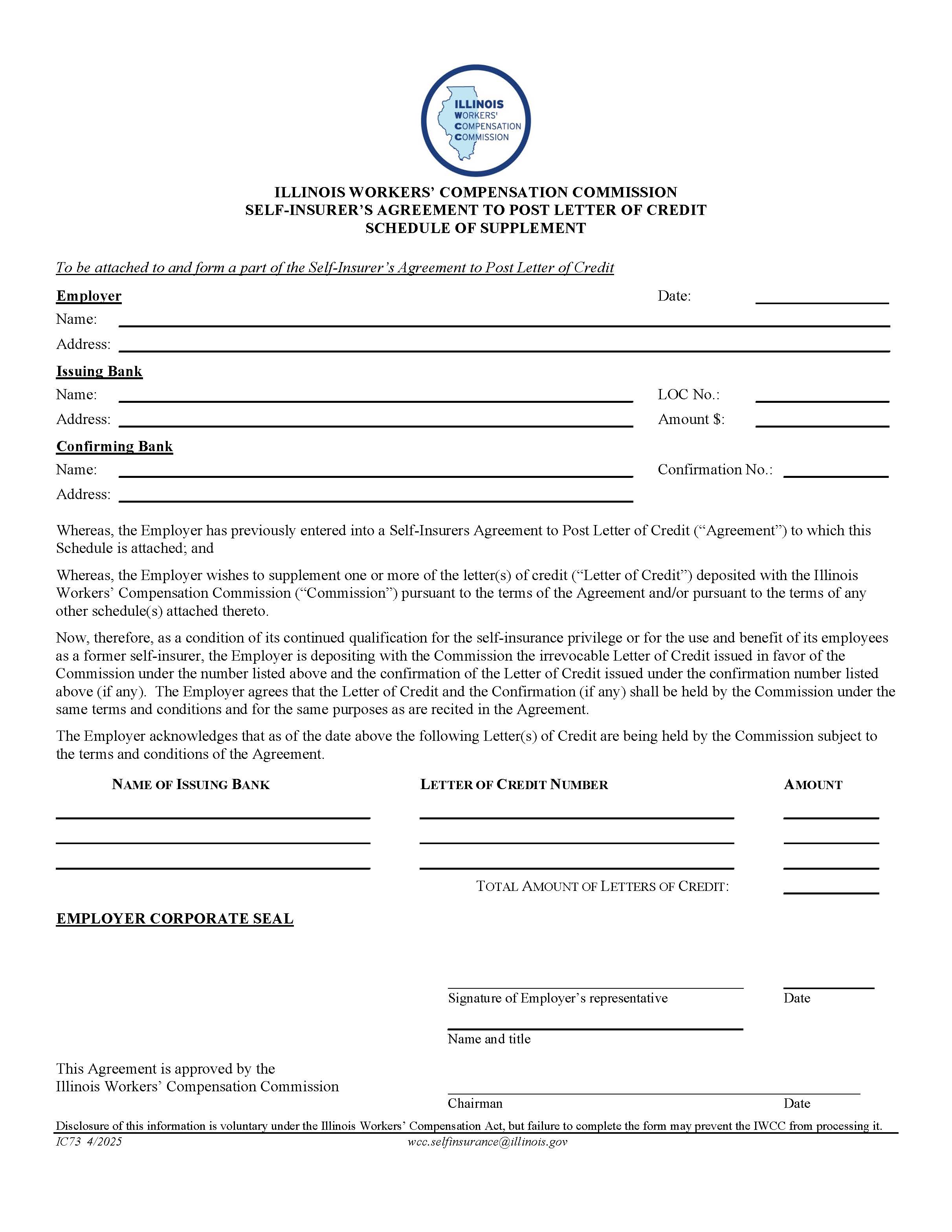 Self-Insurers Agreement To Post Letter Of Credit Schedule Of Supplement {IC73} | Pdf Fpdf Doc Docx | Illinois