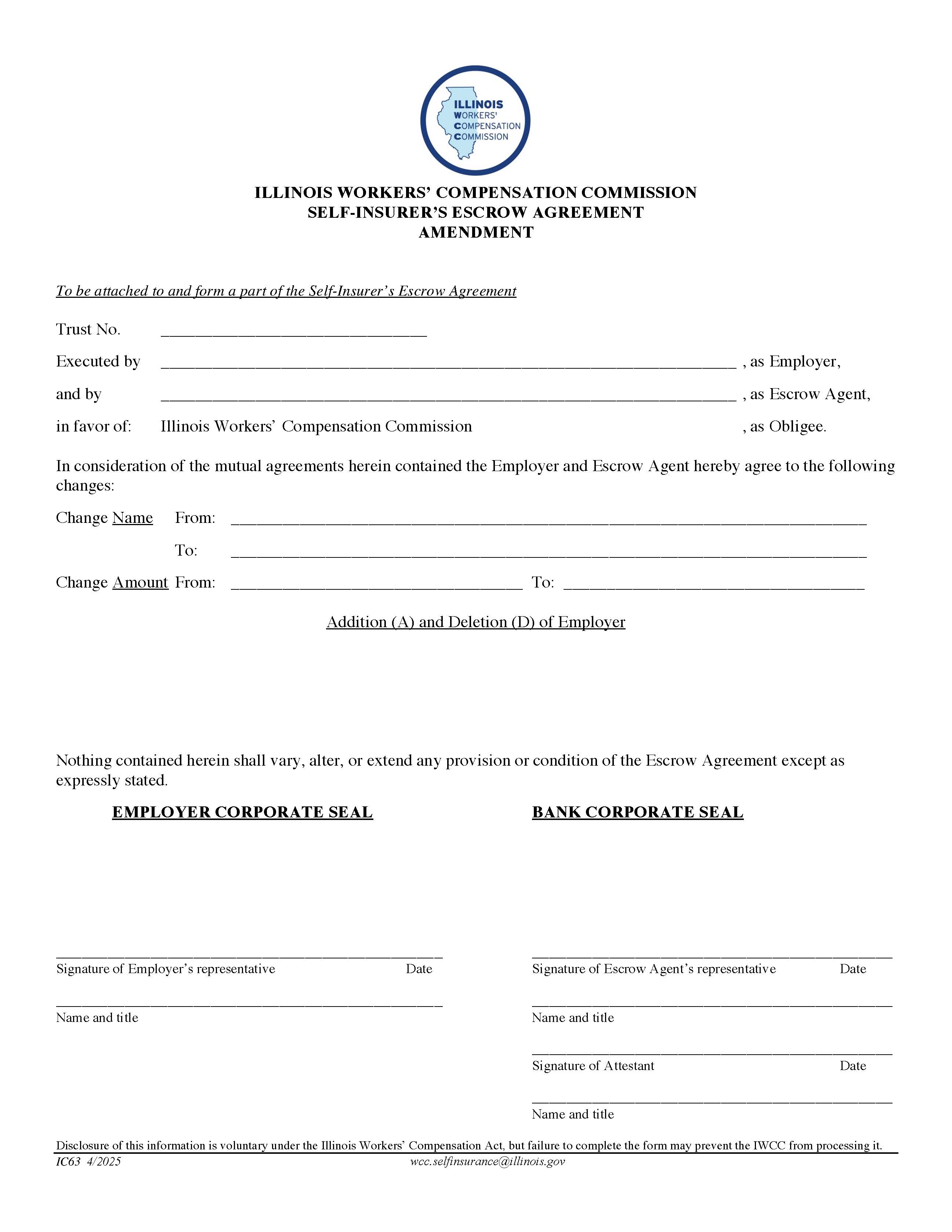 Self-Insurers Escrow Agreement Amendment {IC63} | Pdf Fpdf Doc Docx | Illinois