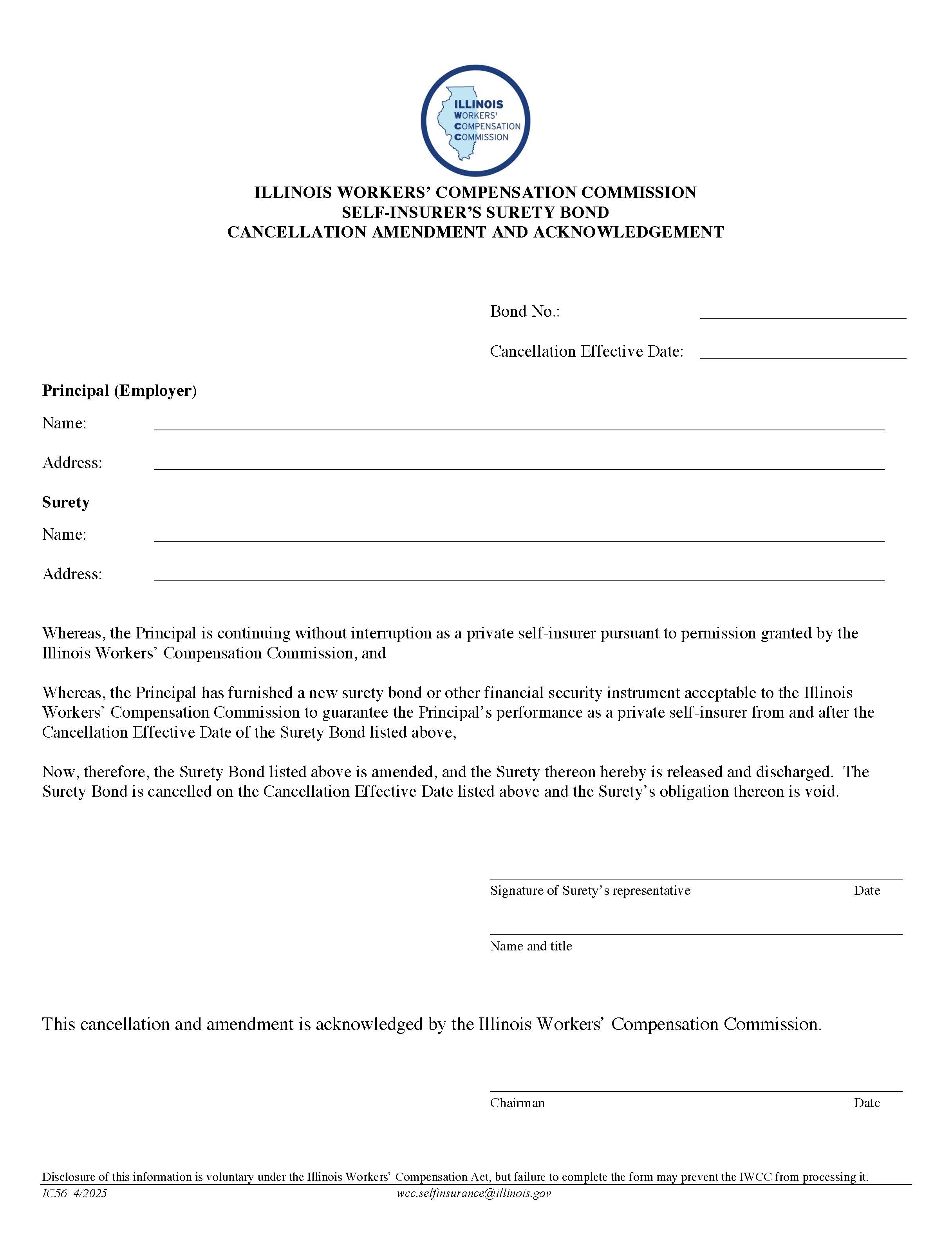 Self-Insurers Surety Bond Cancellation Amendment And Acknowledgment {IC56} | Pdf Fpdf Doc Docx | Illinois