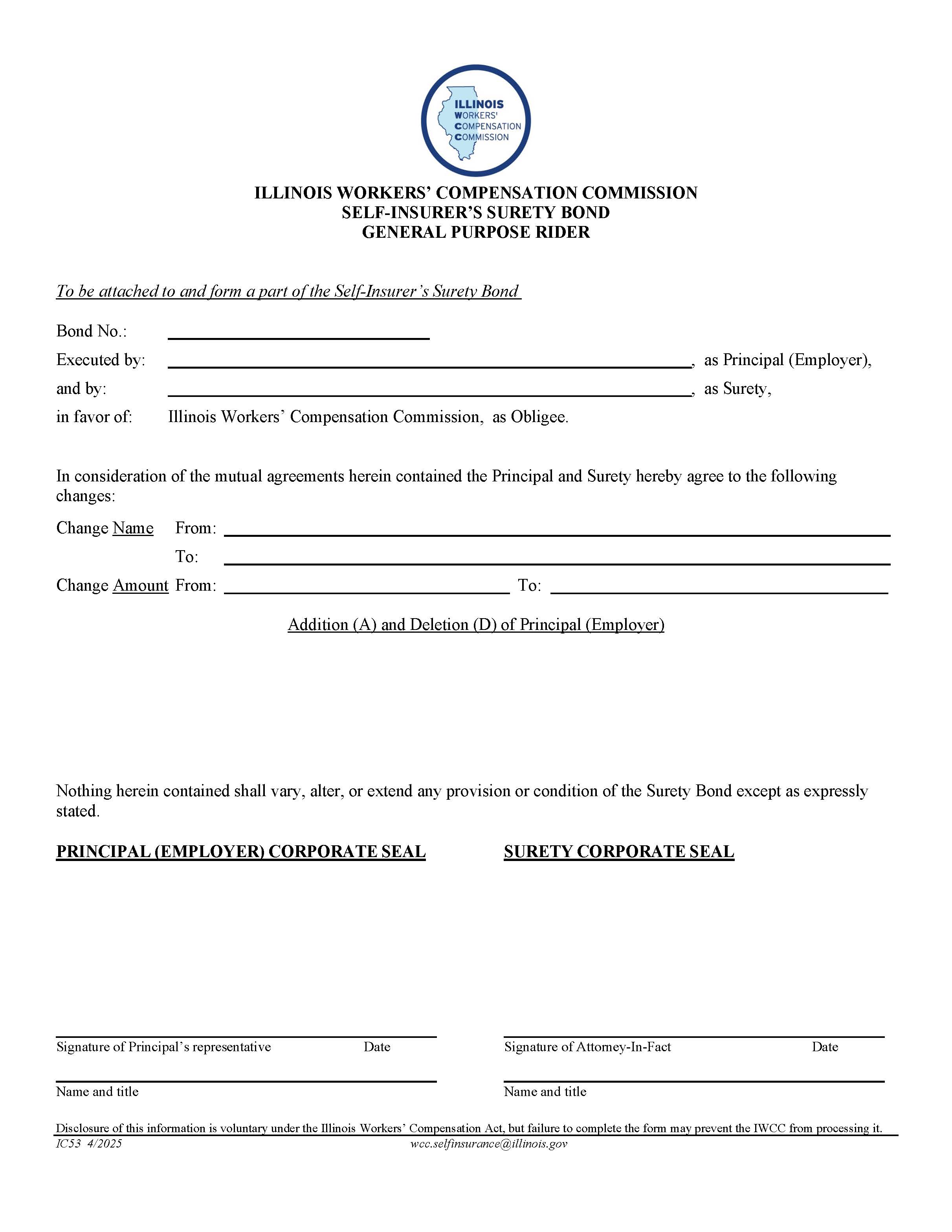 Self-Insurers Surety Bond General Purpose Rider {IC53} | Pdf Fpdf Doc Docx | Illinois