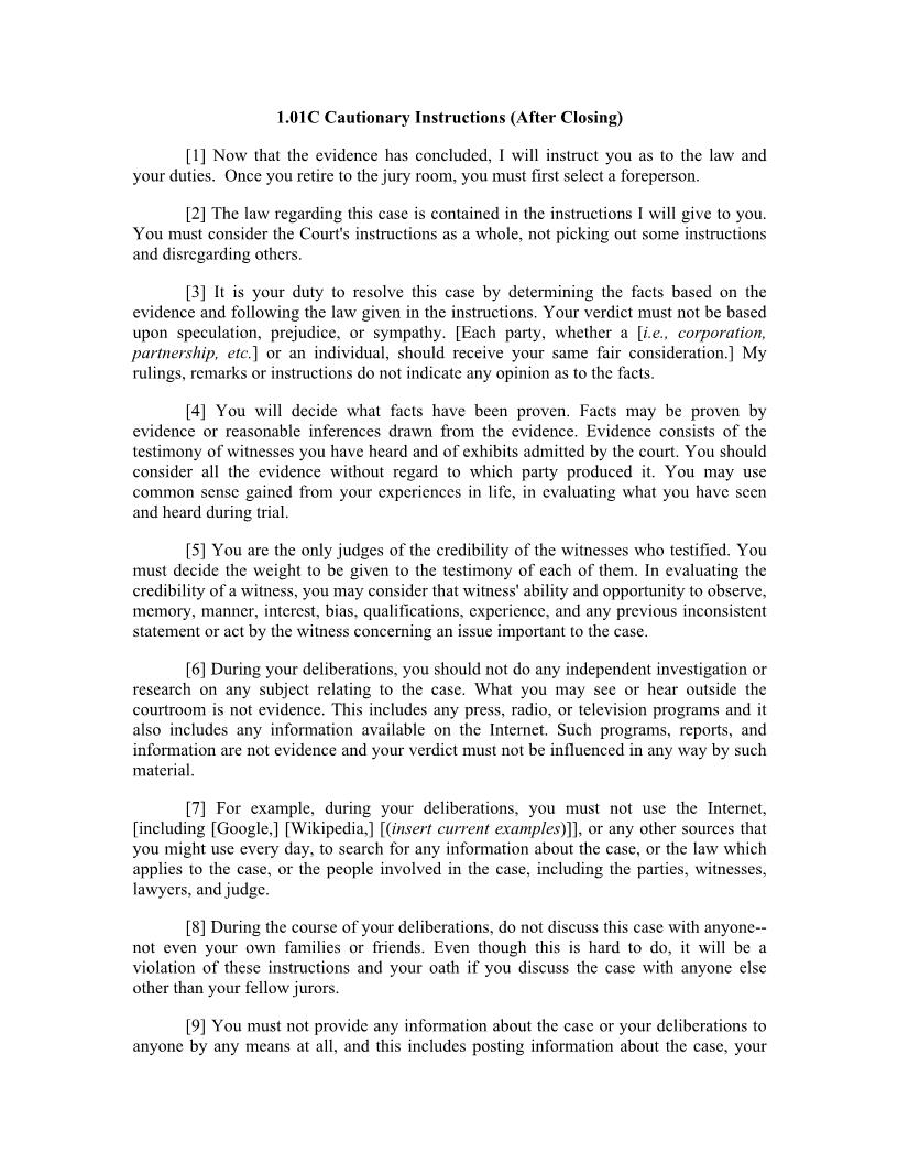 1.01C. Cautionary Instructions (After Closing) | Pdf Docx | Illinois_JI