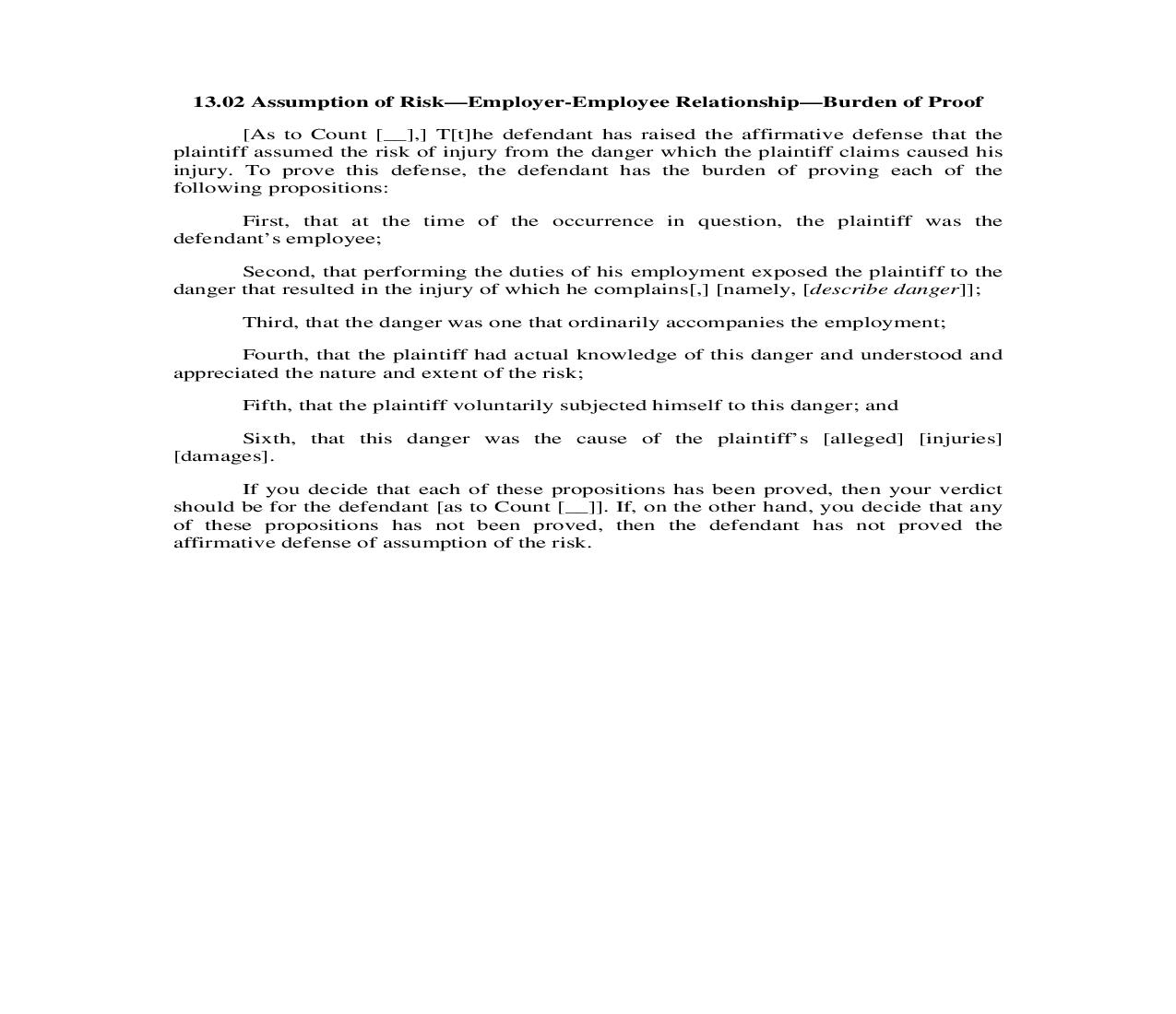 13.02. Assumption of Risk-Employer-Employee Relationship-Burden of Proof | Pdf Doc Docx | Illinois_JI