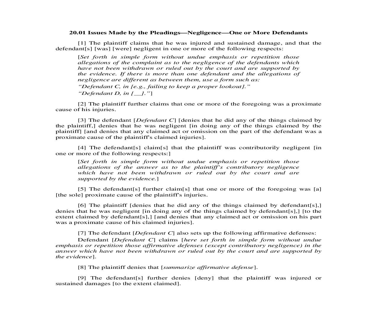 20.01. Issues Made by the Pleadings-Negligence-One Or More Defendants | Pdf Doc Docx | Illinois_JI