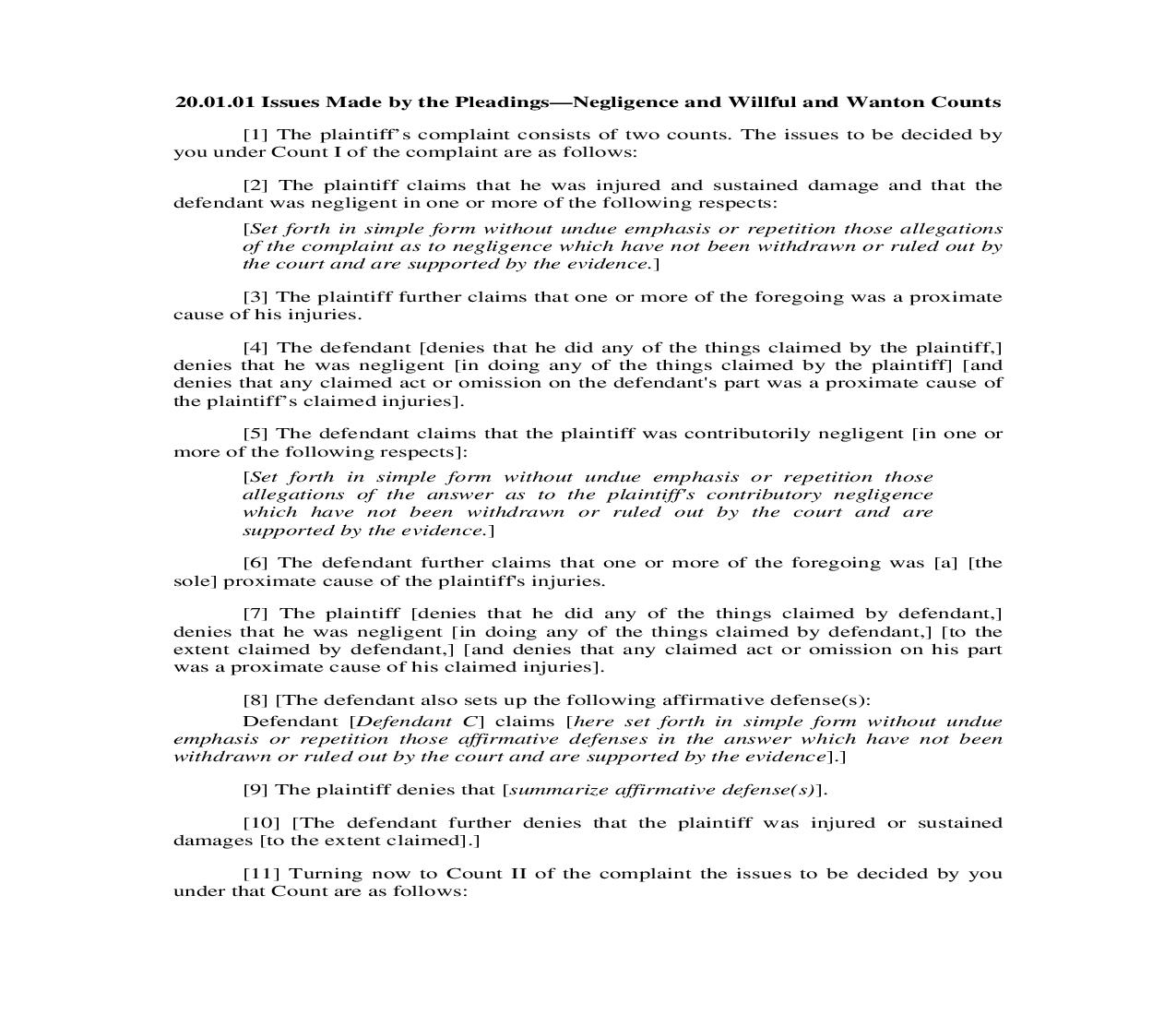 20.01.01. Issues Made By The Pleadings-Negligence and Willful and Wanton Counts | Pdf Doc Docx | Illinois_JI