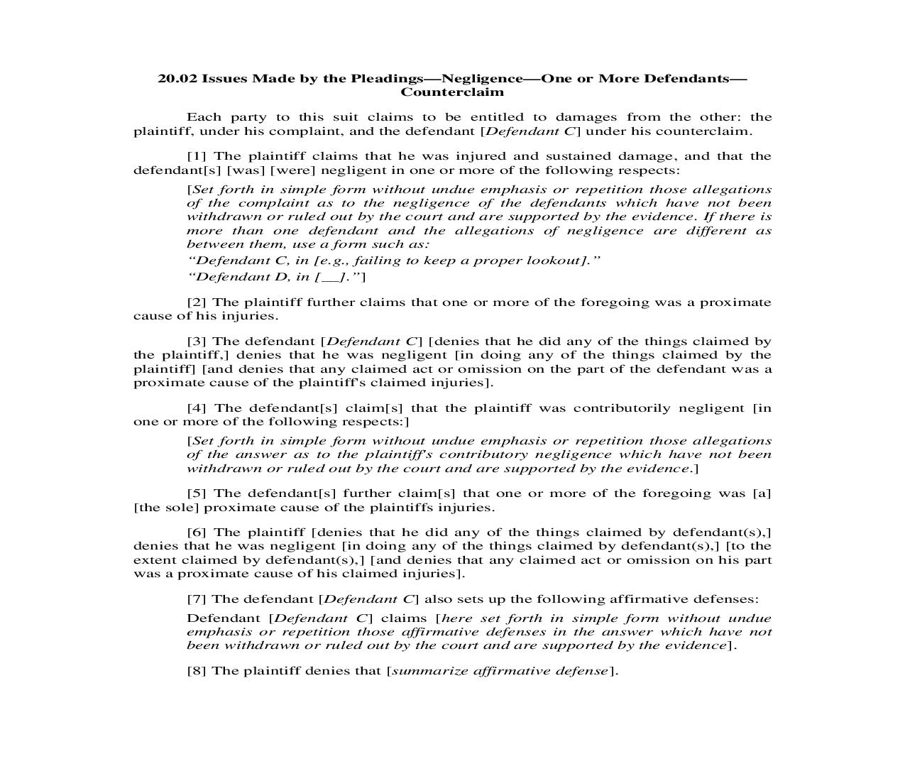 20.02. Issues Made by the Pleadings-Negligence-One Or More Defendants-Counterclaim | Pdf Doc Docx | Illinois_JI