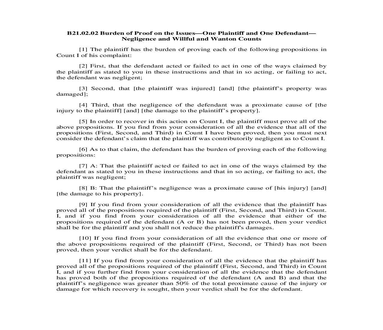 B21.02.02. Burden of Proof on the Issues-One Plaintiff and One Defendant-Negligence and Willful Wanton Counts | Pdf Doc Docx | Illinois_JI