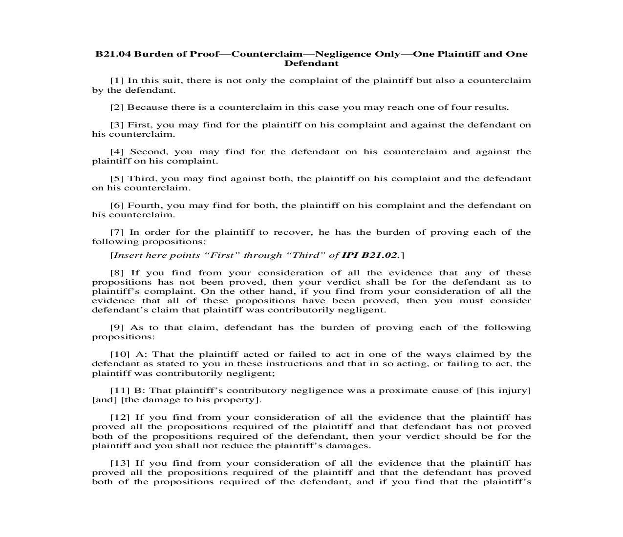 B21.04. Burden Of Proof-Counterclaim-Negligence Only-One Plaintiff and One Defendant | Pdf Doc Docx | Illinois_JI
