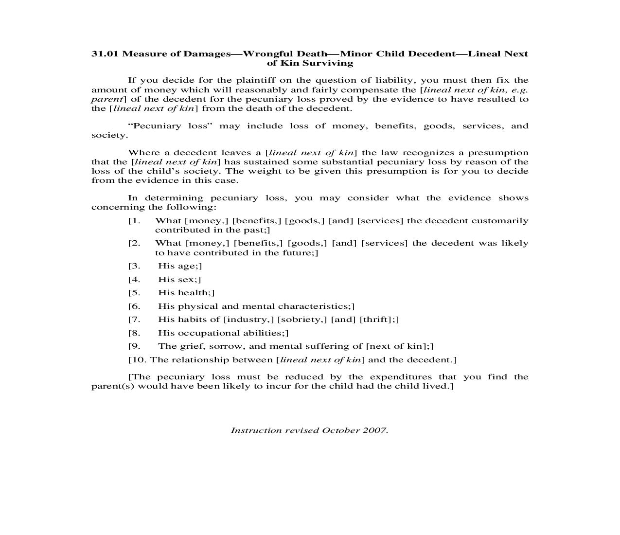 31.01. Measure of Damages-Wrongful Death-Minor Child Decedent-Lineal Next of Kin Surviving | Pdf Doc Docx | Illinois_JI