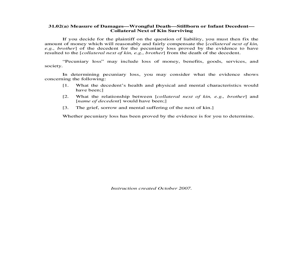 31.02(a). Measure of Damages-Wrongful Death-Stillborn Or Infant Decedent-Collateral Next of Kin Surviving | Pdf Doc Docx | Illinois_JI