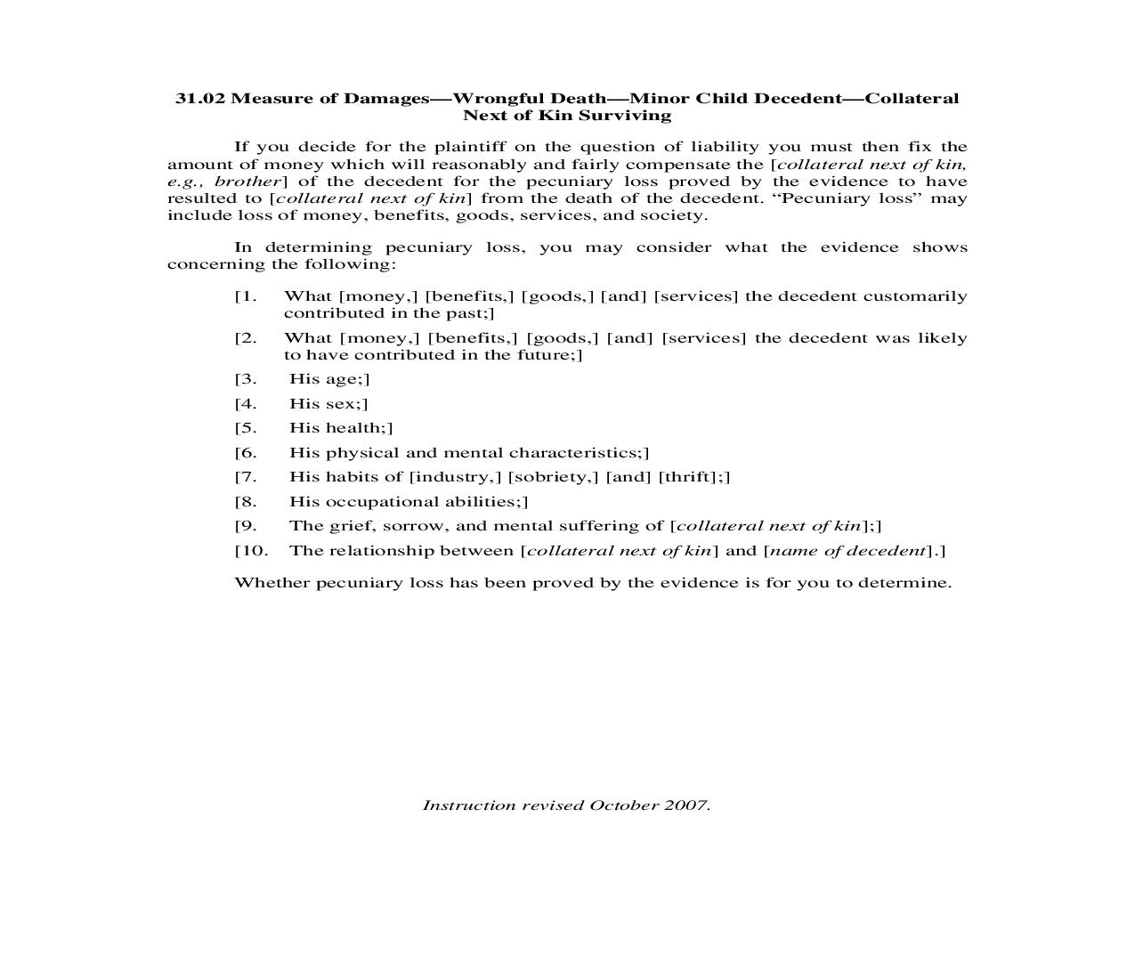 31.02. Measure of Damages-Wrongful Death-Minor Child Decedent-Collateral Next of Kin Surviving | Pdf Doc Docx | Illinois_JI