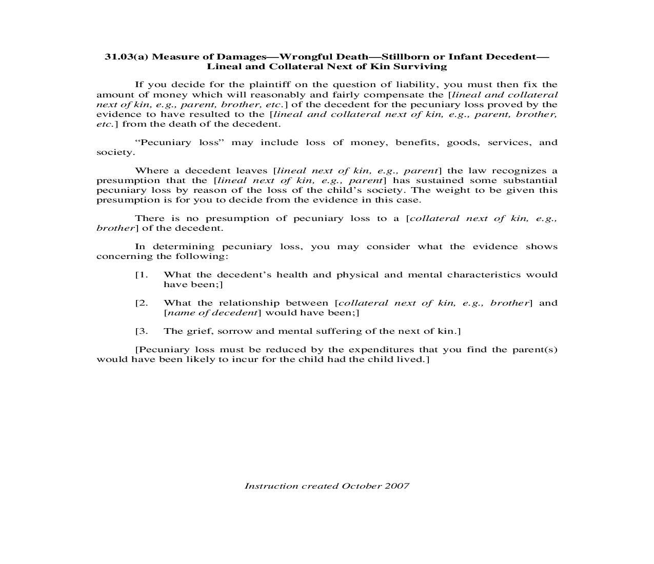 31.03(a). Measure of Damages-Wrongful Death-Stillborn Or Infant Decedent-Lineal and Collateral Next of Kin Surviving | Pdf Doc Docx | Illinois_JI