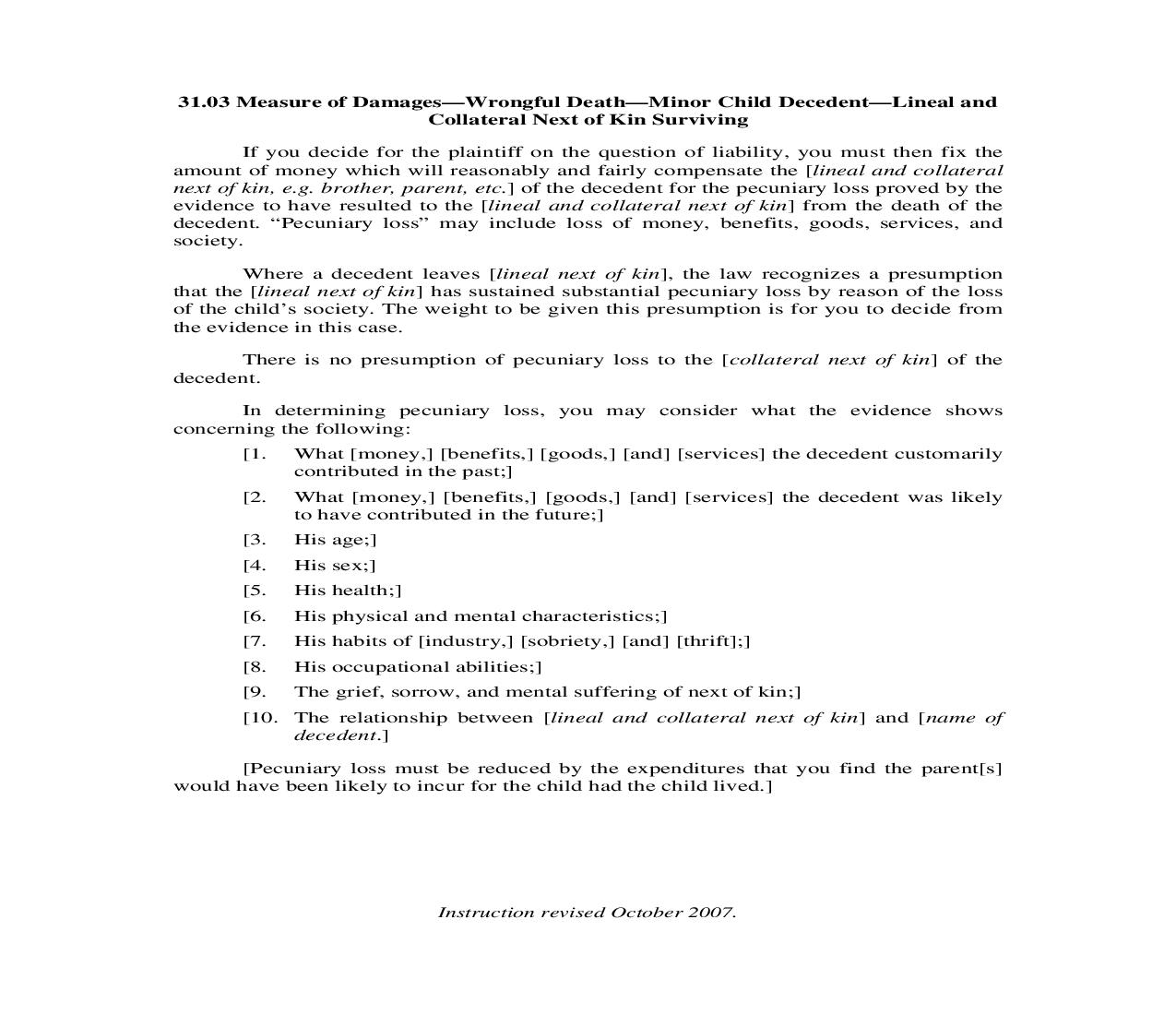 31.03. Measure of Damages-Wrongful Death-Minor Child Decedent-Lineal and Collateral Next of Kin Surviving | Pdf Doc Docx | Illinois_JI