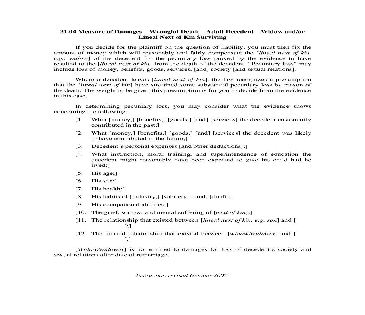 31.04. Measure Of Damages-Wrongful Death-Adult Decedent-Widow and or Lineal Next of Kin Surviving | Pdf Doc Docx | Illinois_JI